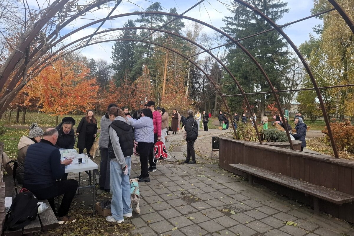 На алеї Левандівського парку черга з десятків людей, які привели своїх улюбленців на вакцинацію. Ветеринарні фахівці за столом заповнюють документи