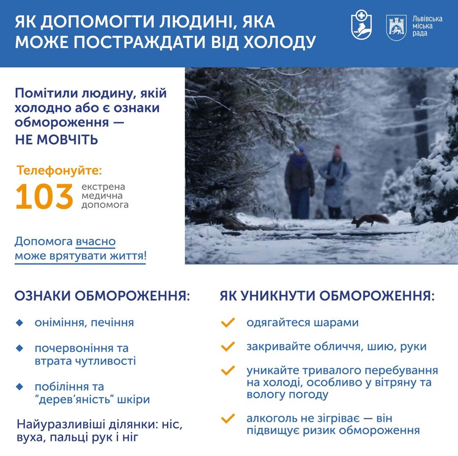 Афіша про те, як допомогти людині, яка може постраждати від переохолодження чи обмороження на вулиці