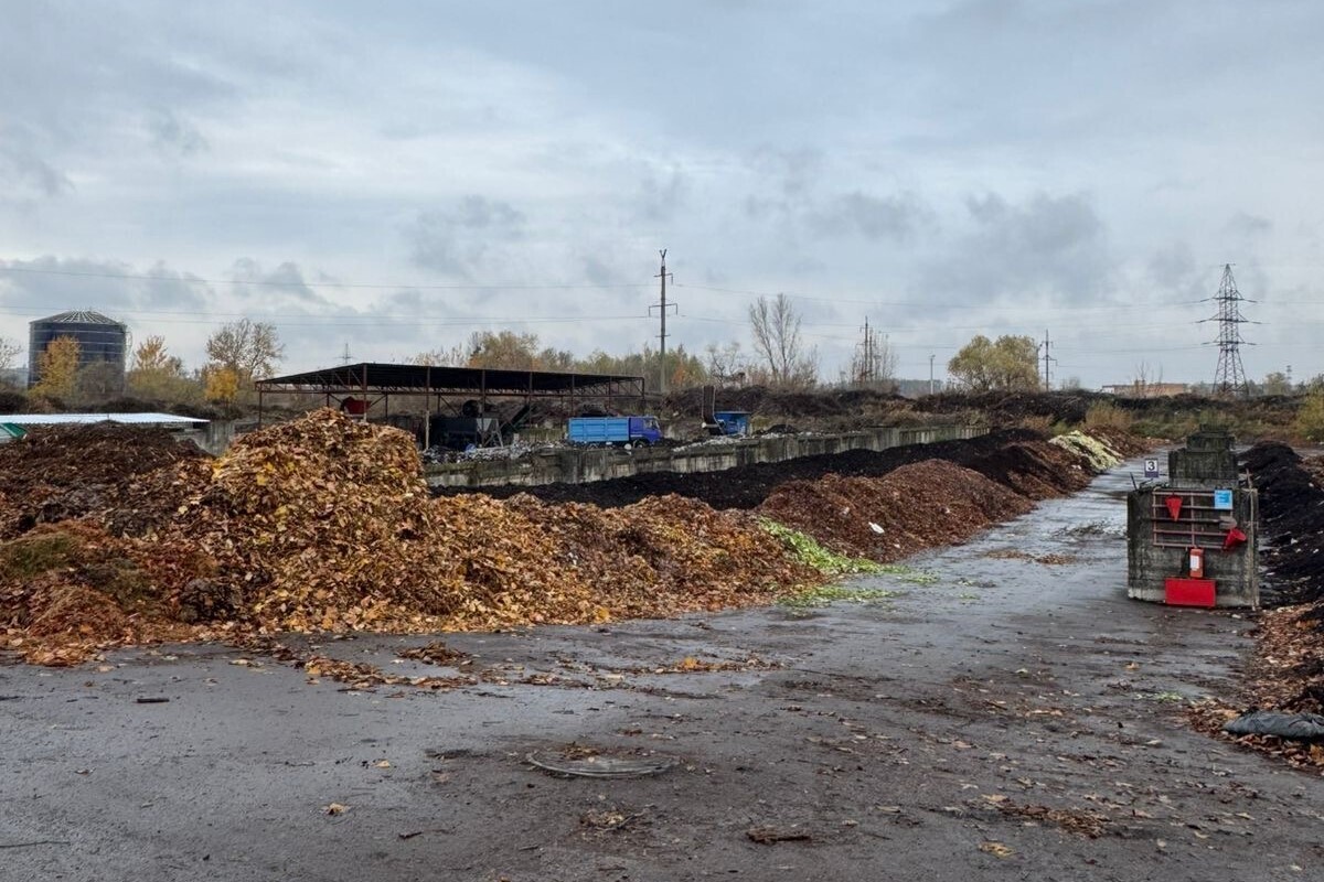 купи листя в рядах, які перетворюють на органічну підживку на станції компостування. позаду вантажівки
