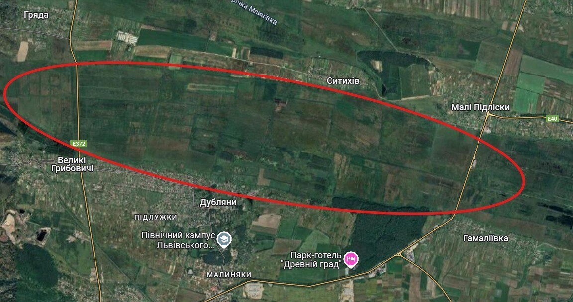 карта Львівської громади з окресленою червоною лінією овальною територією заказника &laquo;Північні торфовища&raquo; між населеними пунктами Малі Підліски, Ситихів, Гряда, Великі Грибовичі, Дубляни, Гамаліївка