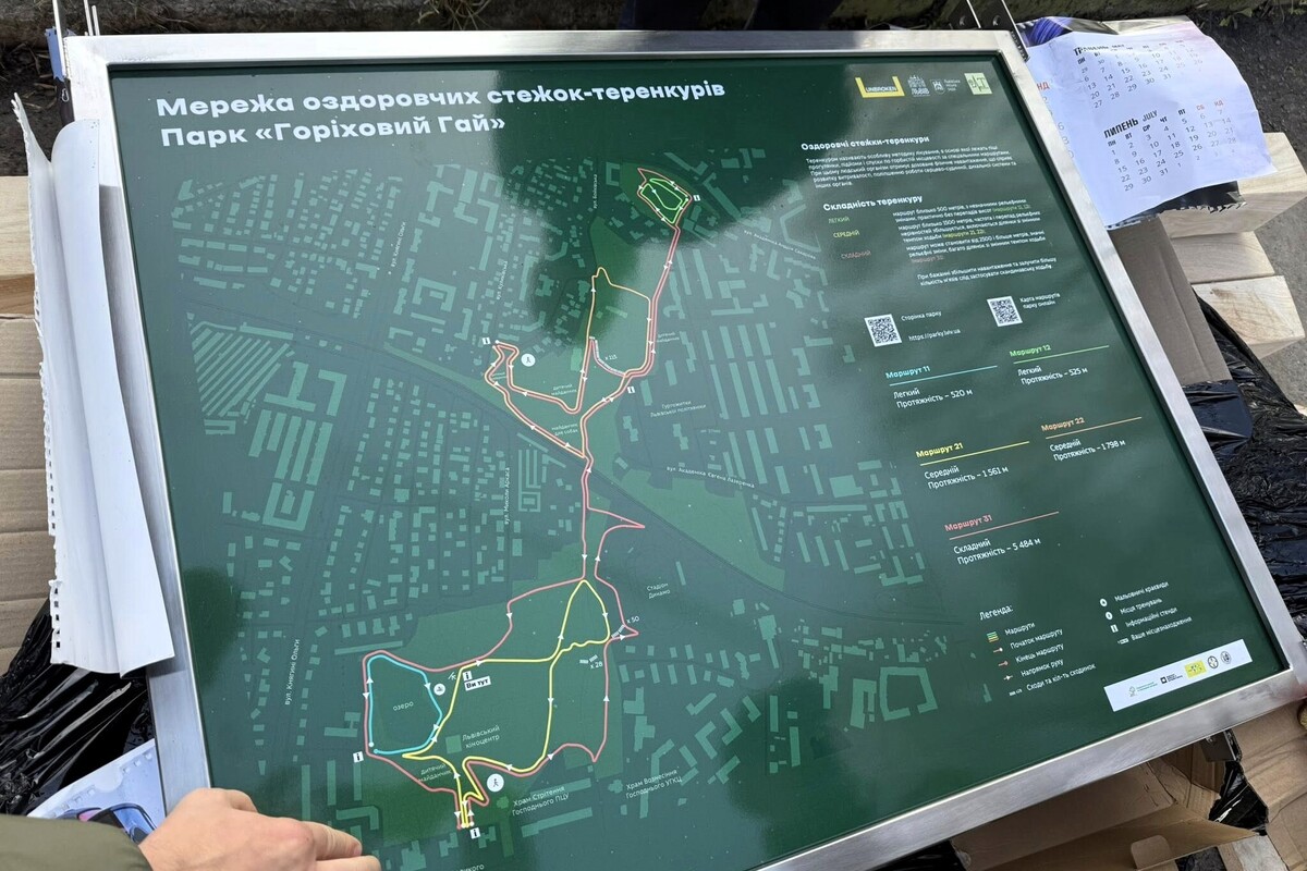 Ознакування для парку, на якому нанесено мапу парку "Горіховий Гай" з позначеною різними кольорами мережею оздоровчих стежок-теренкурів
