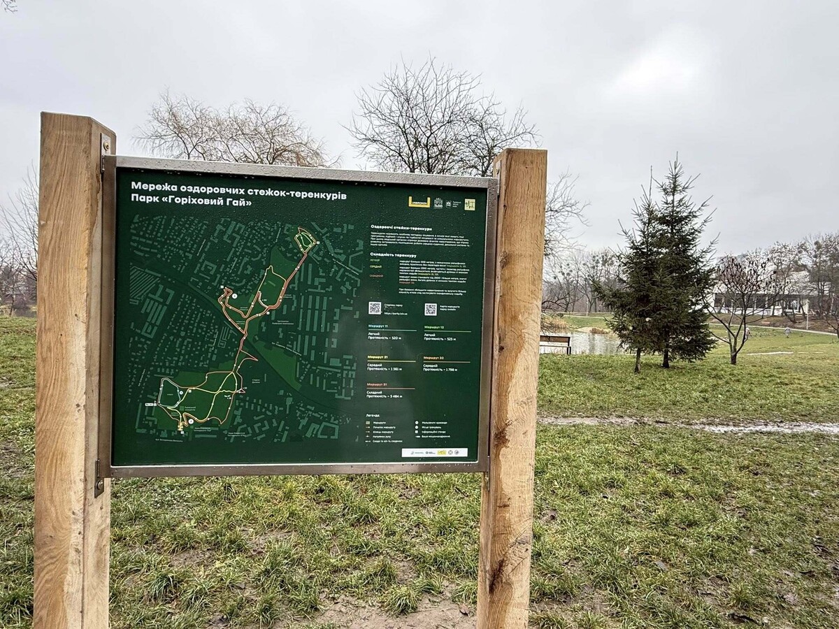 Вивіска в парку зі зображенням мережі оздоровчих стежок &ndash; теренкурів в парку &laquo;Горіховий гай&raquo;.