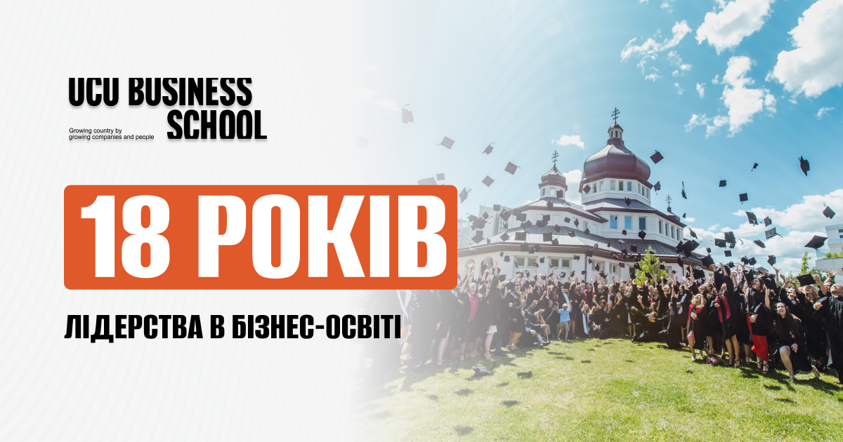 афіша, присвячена 18-річчю Бізнес-школи УКУ. Праворуч — випускники в мантіях, які підкидають академічні шапочки на тлі храму та кампусу УКУ під яскравим блакитним небом.