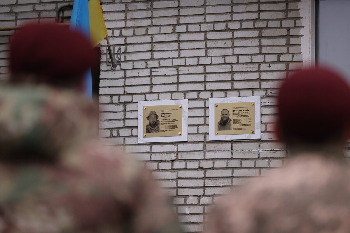 Дві меморіальні таблиці на білій цегляній стіні навчального закладу у Львові
