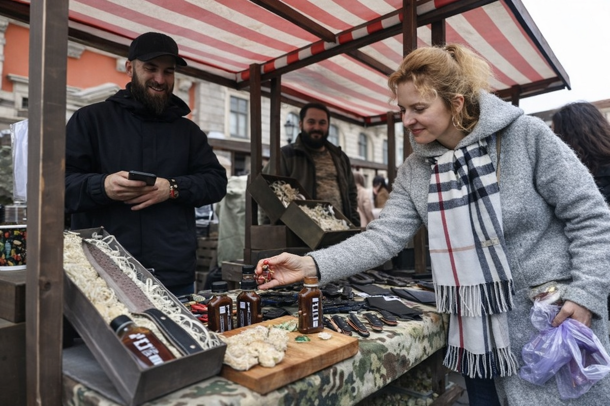 На фото &mdash; ветеранський ярмарок на площі Ринок у Львові. Жінка розглядає вироби на торговій ятці, де продають крафтову продукцію, а поруч стоїть продавець