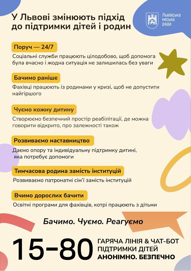 Афіша про підтримку дітей і родин у Львові, оформлена у світлих тонах із кольоровими абстрактними елементами. Основний меседж: &laquo;У Львові змінюють підхід до підтримки дітей і родин&raquo;. Внизу є контакт із номером 15-80.