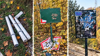 Колаж з трьох фото, де видно знищені інформаційні таблиці та стовпці