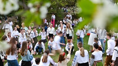 На фото багато людей у Шевченківському Гаю. Всі у вишиванках. Танцюють гаївки та веселяться
