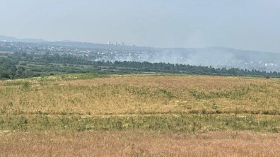 На передньому плані видно сухе поле з пожовклою травою. На горизонті над смугою дерев піднімаються клуби диму, що свідчать про горіння торфовищ. Удалині проглядаються забудова та пагорби, частково затягнуті димом.