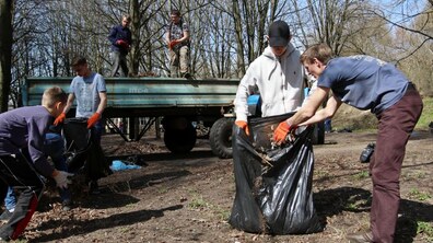 На фото зображено людей, які прибирають у парку. Спереду четверо молодиків збирають сміття у великі пакети. Позаду на причіпі двоє хлопців очікують на пакети зі сміттям