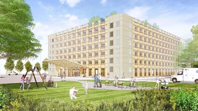Візуалізація майбутнього хірургічного корпусу на вул. Миколайчука. Шестиповерхова будівля у світлих тонах. Перед входом велике накриття