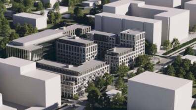 Візуалізація комплексу з багатоквартирним житлом та офісним центром. Багатоповерхові будинки різної висоти оточені зеленими насадженнями та іншими будівлями поруч