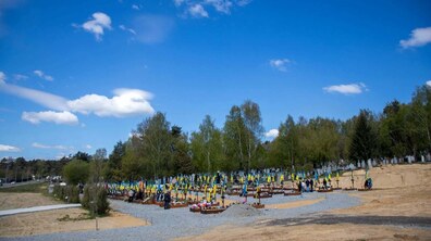 Кладовище, де поховані військові. Над могилами майорять синьо-жовті прапори, а самі могили охайно впорядковані. Позаду видно великі дерева.
