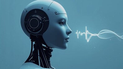 Ілюстративне зображення символізує впровадження цифрових технологій та штучного інтелекту в роботі ЦНАП Львова. На ілюстрації у профіль зображено обличчя робота як образ цифрового помічника, перед обличчям якого зображена світла хвиля, схожа на звуковий або цифровий сигнал, що поширюється у просторі