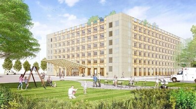 Візуалізація великої шестиповерхової будівлі з широкими вікнами та облаштованою зеленою територією довкола. На гойдалці поблизу гойдаються діти. На дорозі стоять карети швидкої допомоги