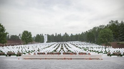 візуалізація оновленого Меморіалу Героїв України на Личакові. Білі хрести на могилах. Перед ними невисока біла стела з написом уривку з вірша полеглого Максима Кривцова “Коли мене запитають, що таке війна, я без роздумів відповім - імена”. Довкола цвинтаря дерева. Позаду могил - скульптура ангела