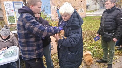 Власниця тримає на руках рудого кота під час вакцинації. Позаду неї в черзі чоловік з невеликою собакою породи шпіц