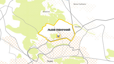 карта з визначеною ділянкою північної частини Львова та емблемою екосистеми людяності UNBROKEN (НЕЗЛАМНІ)