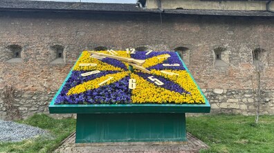 Фото: Квітковий годинник на площі Митній вже у синьо-жовтих квітах