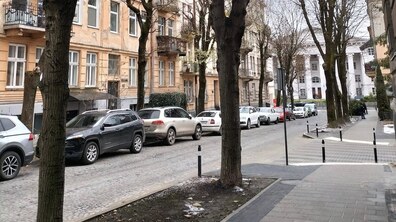 вул. Чернігівська в напрямку до вул. Пекарської – відремонований тротуар вздовж якого ростуть дерева, навпроти видно житлові будинки і припарковані авто, а в кінці видніється головний корпус Львівського національного університету ветеринарної медицини.