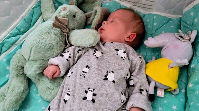 Хлопчик, одягнений у костюмчик сірого кольору, спить на ліжечку; поруч – дві м’які іграшки