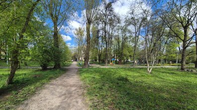 Серед великої кількості зелених дерев розташована прогулянкова доріжка. У кінці алеї видніється різноколірний дитячий майданчик