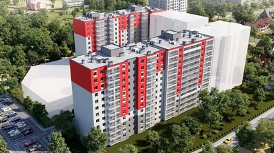 Візуалізація новобудови, багатоповерхового житлового комплексу, з зеленими деревами довкола