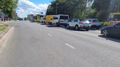 Вул. Стрийська у Львові. Праворуч у кількох смугах рухаються та очікують на світлофор автомобілі, мікроавтобуси й автобус. Обабіч дороги ростуть дерева, а над проїжджою частиною проходить контактна мережа громадського транспорту.