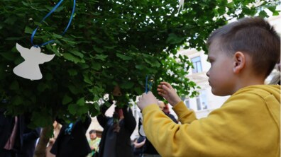Хлопчик вішає ангелика на дерево на площі Ангелів. Фото: ЛОВА
