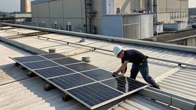 Чоловік облаштовує сонячні панелі на даху одного із виробництв міста