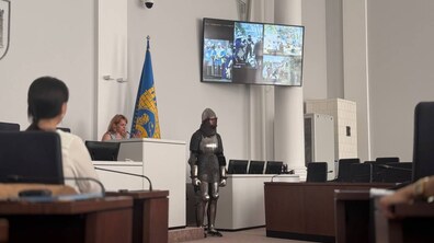 Учасниця навчання презентує свій проєкт. Поруч з нею стоїть чоловік у лицарських обладунках. У залі Львівської міськради сидять представники комісії, ветерани та члени їхніх сімей