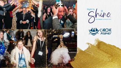 Яскравий колаж з всесвітнього балу Night to Shine. Щасливі учасники - у вечірніх сукнях і костюмах - проходять червоною доріжкою під оплески. На одному з фото - момент коронації одного з учасників балу.