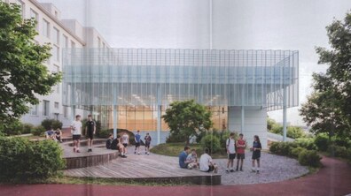 Візуалізація майбутнього спортивного комплексу з просторими вікнами та облаштованою зеленою територією. Довкола комплексу червона бігова доріжка