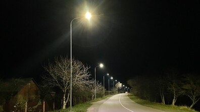 Освітлена вуличними ліхтарями дорога в темну пору доби, вздовж якої тягнуться дерева та приватні будинки. Фото ілюстративне.