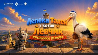 Анімовані персонажі котика Левчика і лелеки Тадея. Посередині напис «Лелека Тадей і котик Левчик — рятівники Львова» на фоні вежі міської Ратуші.